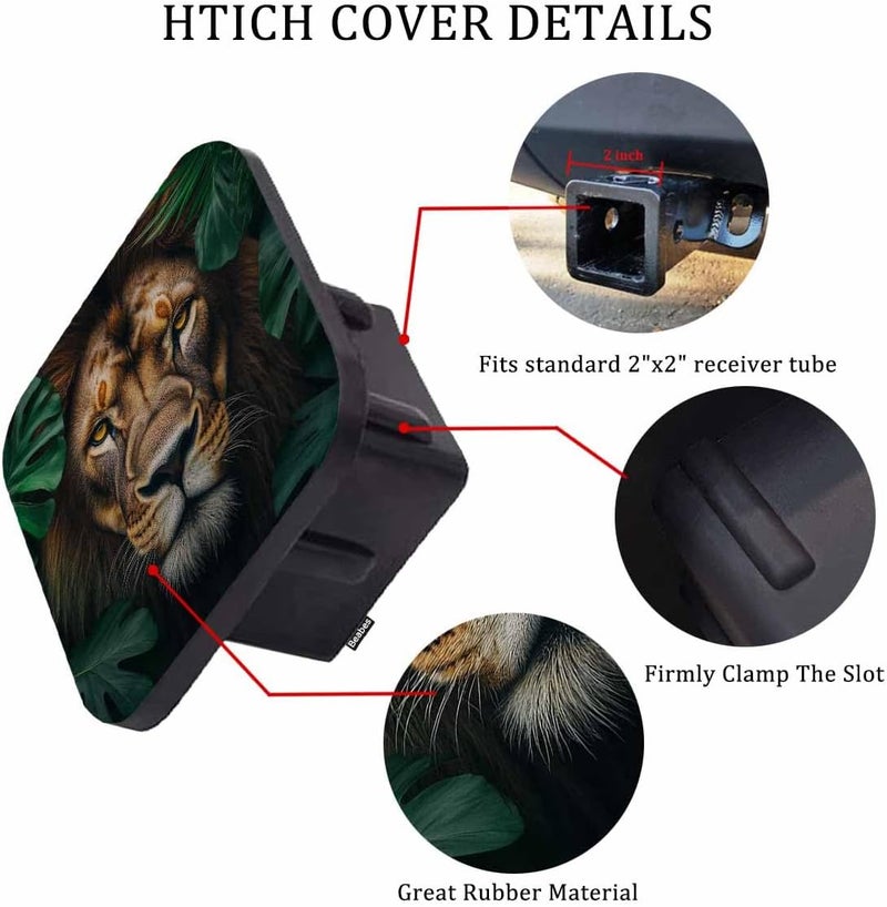 Beabes Lion Car Rear Hitch Covers Tropical Palm Leaves Wildlife Lion Square Trailer Hitch Cover Tube Plug Insert, 2" Towing Rear Hitch Cover for Car Truck, Easy to Install - Image 3